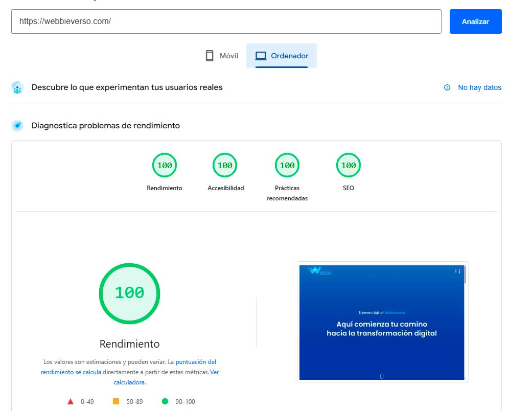 velocidad PageSpeed Insights Webbie